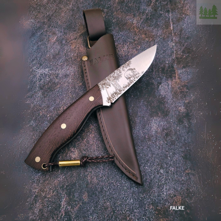 Ręcznie robiony nóż myśliwski FALKE Hunter Standard ze skórzaną kaburą – stal D2, drewno wenge i G10