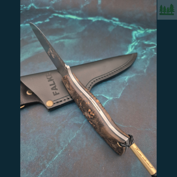 Ręcznie robiony nóż myśliwski FALKE Hunter Individual 1 – zbliżenie na rękojeść z czeczotu klonu i czarnego G10 2