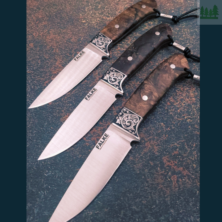 Zestaw noży Falke JF30 – trzy ręcznie robione noże myśliwskie ze stali N690 61 HRC, rękojeści olcha + G10, bolstery nierdzewne arabeska, różne ujęcia detali 2