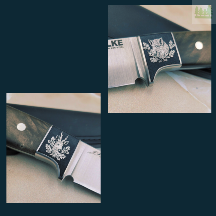 Zbliżenie na grawerowane bolstery noża Falke JF30-2 – odyniec i kozioł Detal grawerowanych bolsterów ze stali nierdzewnej w nożu myśliwskim Falke JF30-2. Unikatowe motywy łowieckie nadające nożowi wyjątkowy charakter
