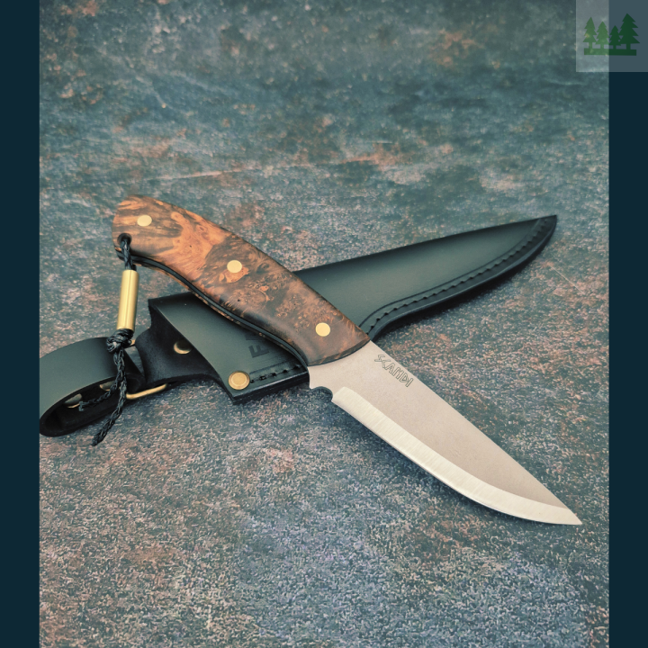 Falke Scandi N690 w studiu z pochwą i rękojeścią Profesjonalne ujęcie noża Falke Scandi N690 ze stabilizowanym czeczotem brzozy i przekładką G10, w komplecie z czarną skórzaną pochwą, na neutralnym tle studyjnym.