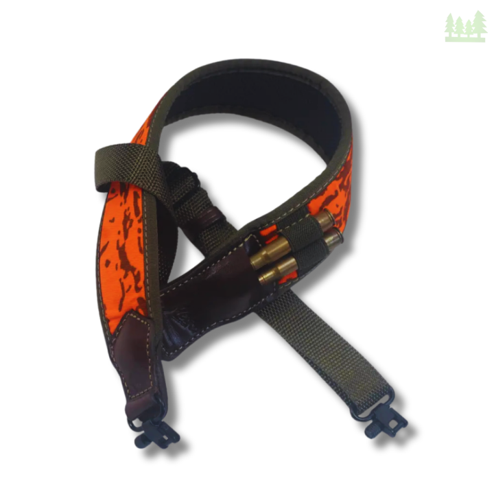 Neoprenowy pas Majos RY15B z pomarańczowym kamuflażem , brązową skórą wyposażony w bączki.