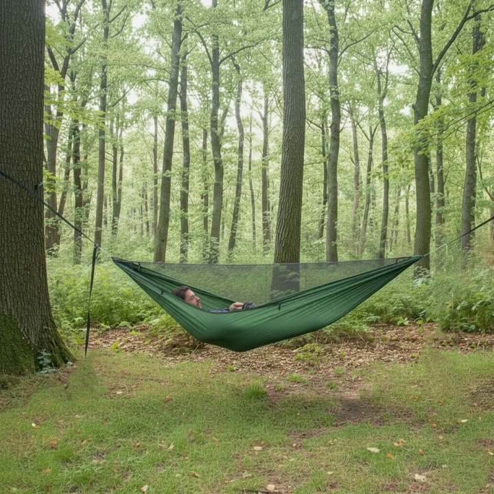 Lekki hamak do spania w lesie Triplander Forest pomarańczowy podczas wyprawy