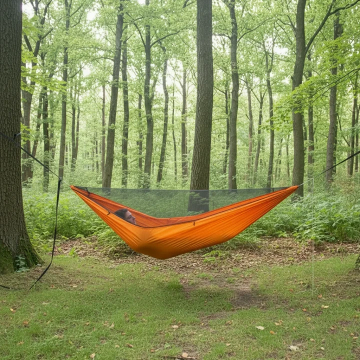 Pomarańczowy hamak bushcraftowy w lesie z zintegrowaną ochroną przed owadami Triplander Forest Light